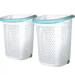 2 Pack White Plastic Laundry Hamper with Pop-up Handle - 2 Bushel Capacity