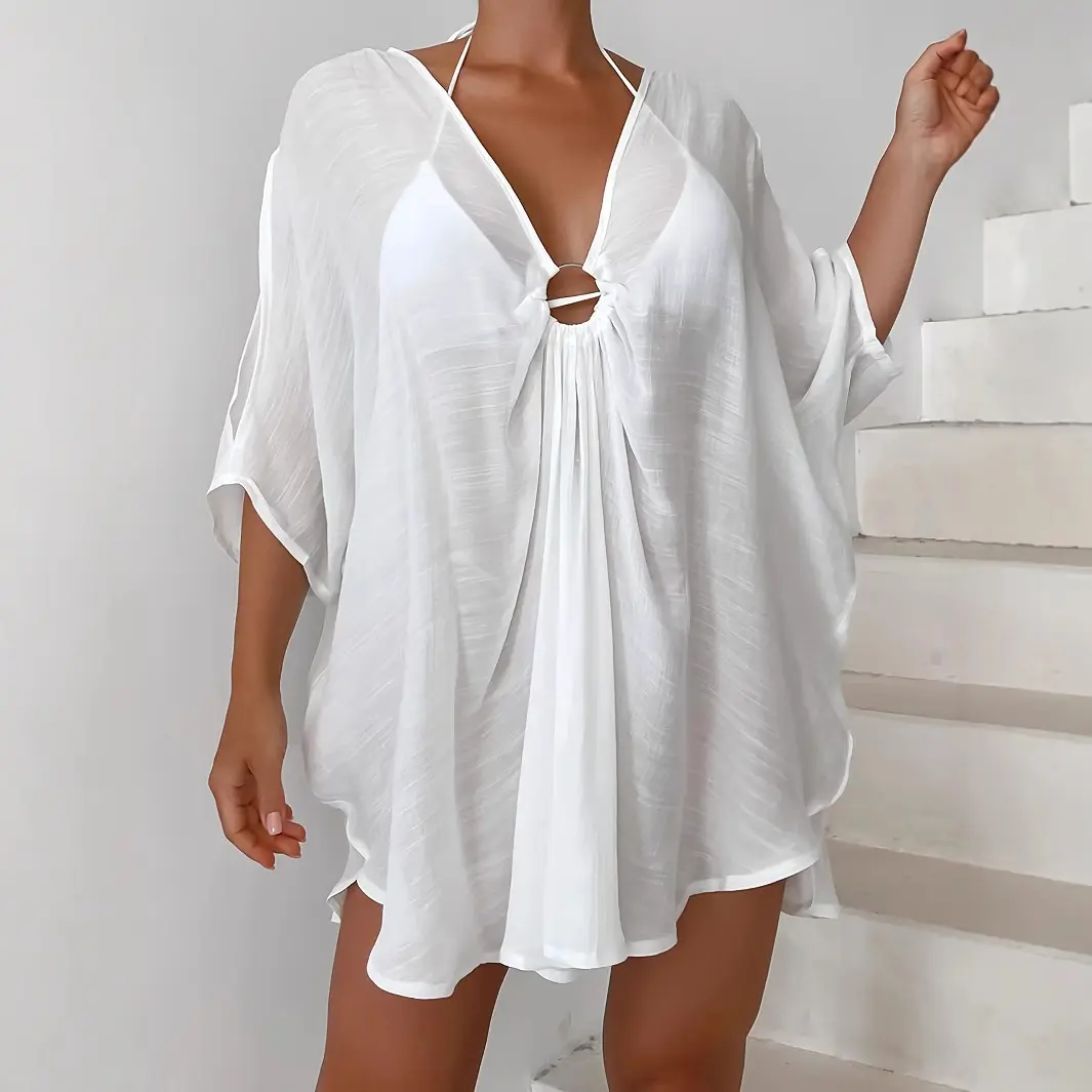 Summer Front Round-Ring V-Neck Loose One-Size Beach Cover-Up with Batwing Sleeves Irregular Solid Color Design for Sun Protection and Seaside Outings