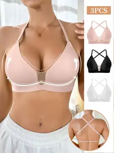 3PCS Women's Everyday Casual Gathered Supportive Wireless Bra, Slim-Fitting Full Coverage Design, Medium Support Buckle Closure