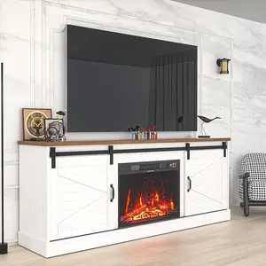 [2 Packages Delivery] Kullavik Farmhouse TV Stand up to 85“ Television, Sliding Barn Door Entertainment Center, TV Cabinet Storage Shelves, Media Furniture for Living Room White