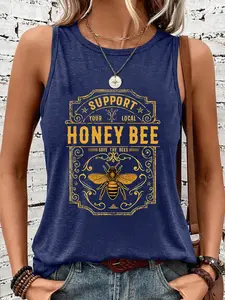 Bee Print Vest Top, Casual Comfy Cami Round Neck Sleeveless Summer Vest, Comfortable Breathable, Daily Wear, Women's Clothing S-Xxl