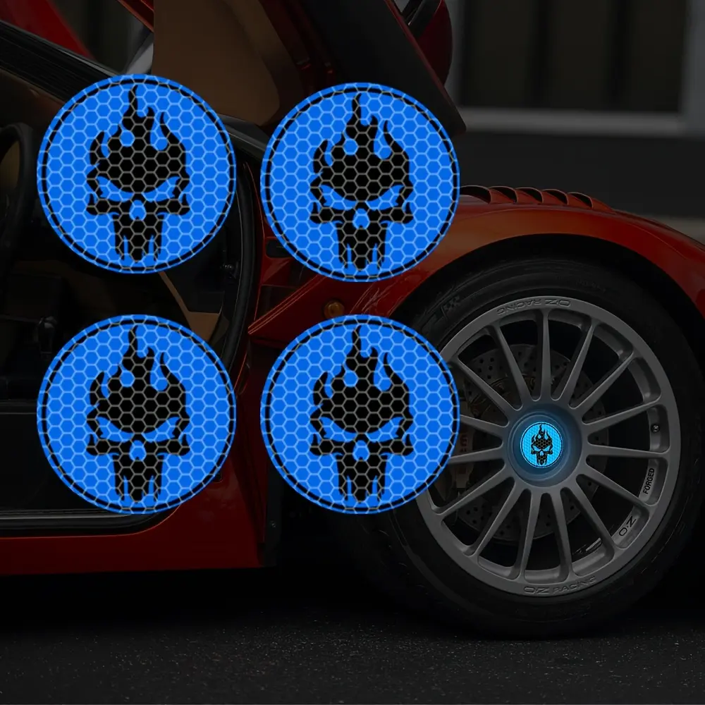 4 Pieces/set of Flame Skull Reflective Car Wheel Hub Stickers, Suitable for Reflective Wheel Hub Decoration Stickers of Cars, Trucks, and SUVs, Car Accessories, Self-adhesive Vinyl Material, Automotive, Fashionable Gift