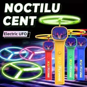 1 electrically-powered creative rotating night-light UFO toy. An LED-powered electric toy, handheld, suitable for family games and parent-child interactive games. It comes with 6 disc models, a stress-relieving toy that both boys and girls will enjoy.