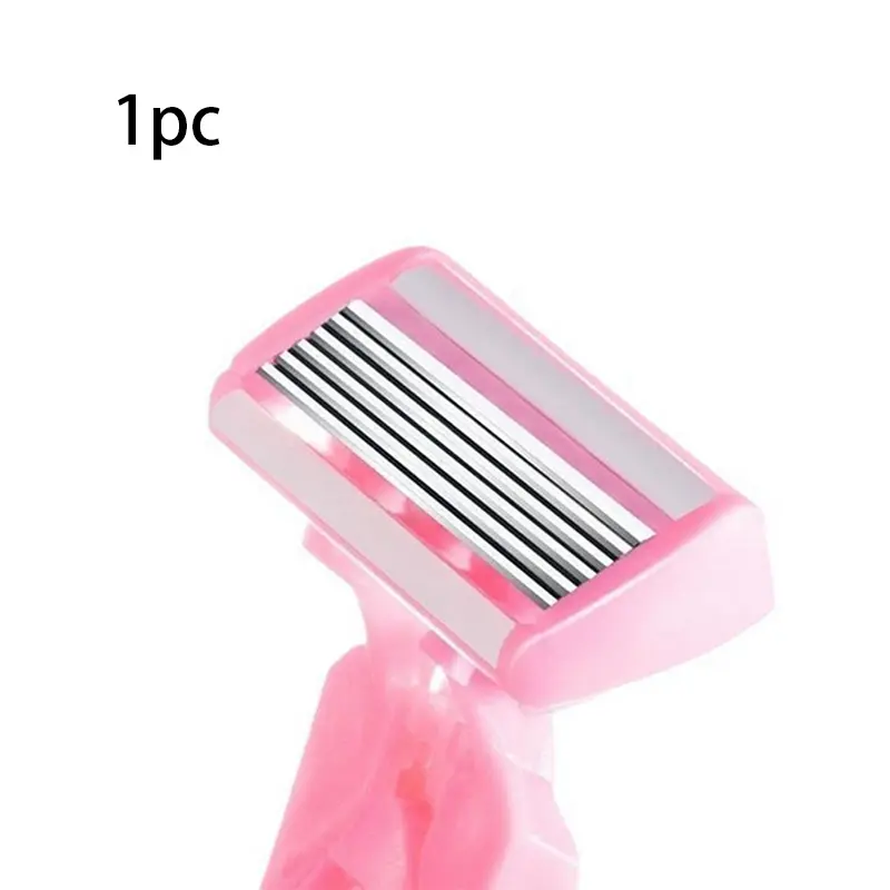 Women’s body razor kit with 6 blades, includes 1 handle and 4 replacement refill heads; smooth, gentle shaving for legs, underarms, and bikini area; anti-cut safety shaver with lubricating strips; pink portable hair removal tool set.