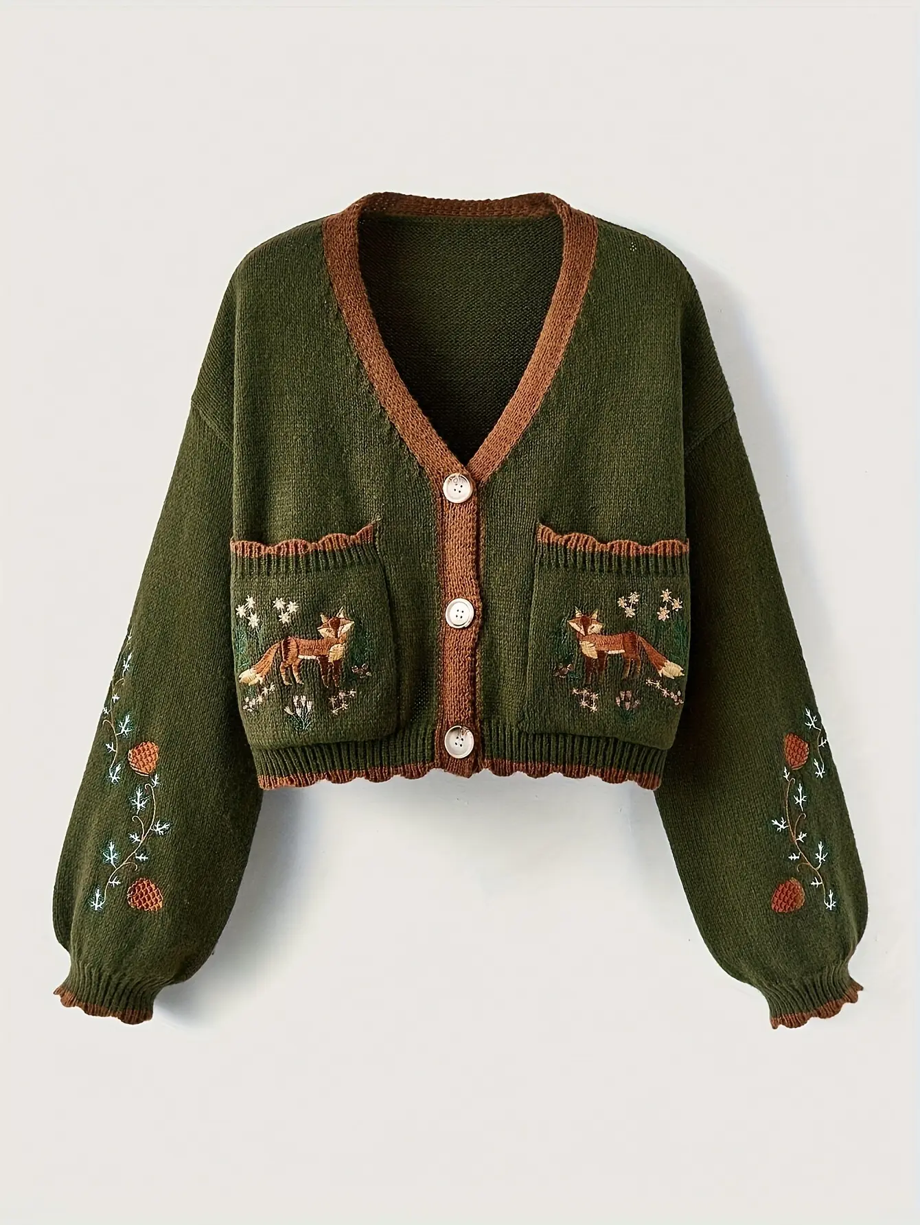 Women's Autumn Winter Fox Embroidery Colorblock V-Neck Drop Shoulder Casual Christmas Cardigan