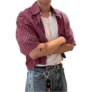 GORGLITTER Men's Gingham Cropped Shirt Short Sleeve Button Down Shirts