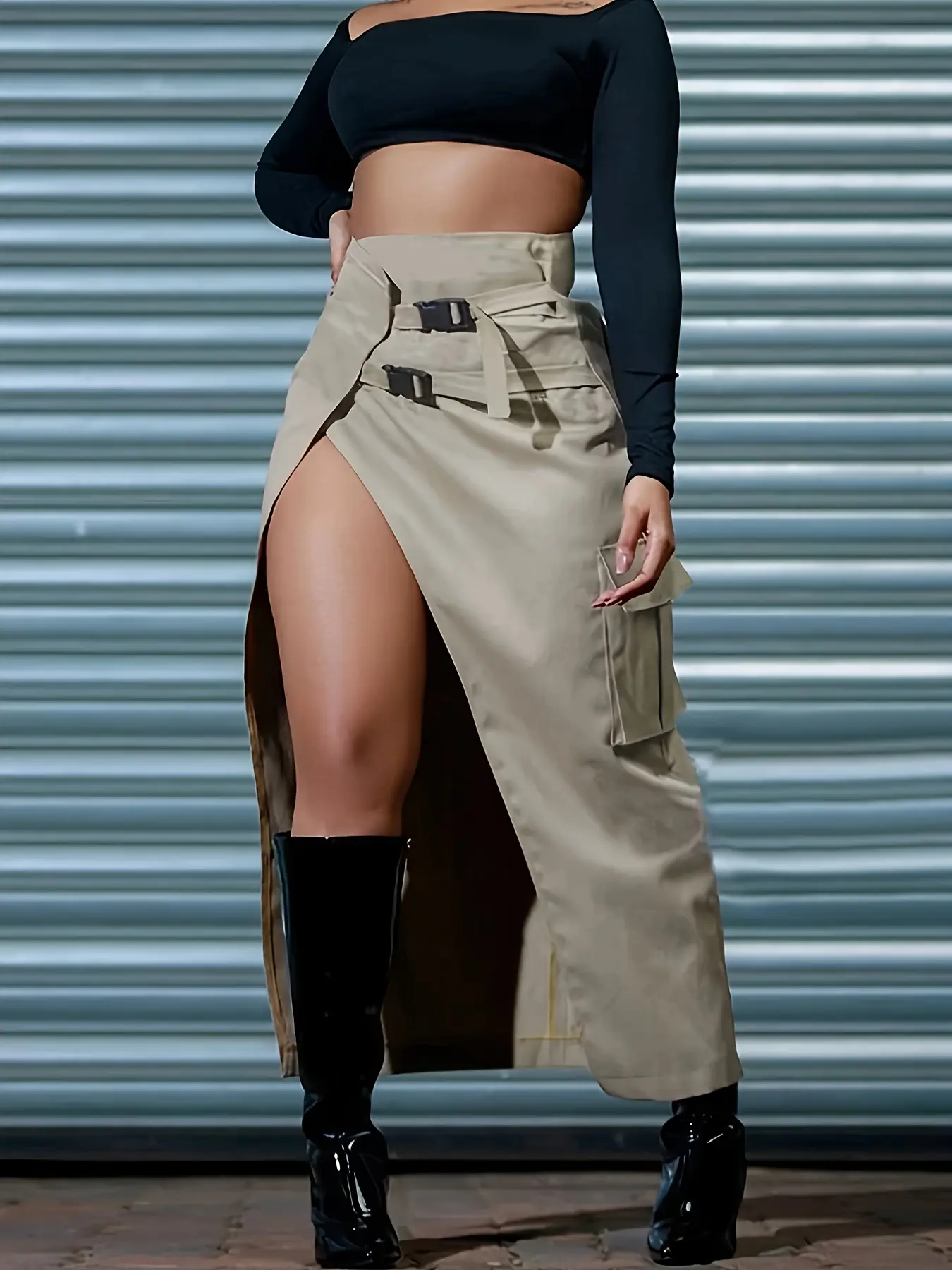 Spring Summer New Basic High Waist Split Slit Long Skirt, Sexy Half Body Dress with Adjustable Belt, Workwear Style, Casual, Fit, Women's Fashion, Bottoms, Garment