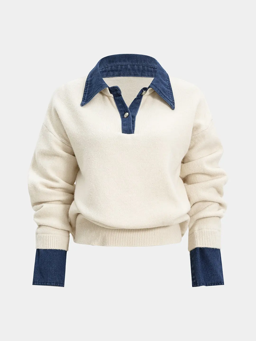 Women's Casual Loose Polyester Knitwear, Long-Sleeve Patchwork Sweater Top