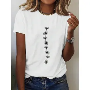 Plant And Floral Print Summer Round Neck Short Sleeve Casual T-Shirt Graphic Tees Women Tops