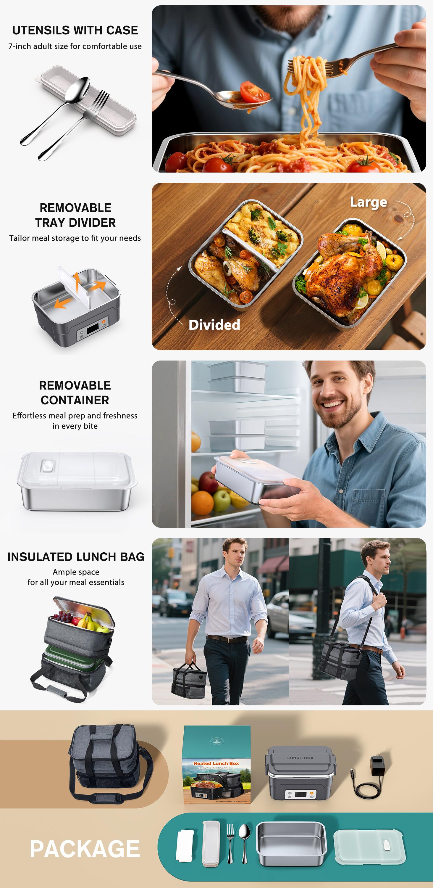 Docusvect Cordless Electric Lunch Box with Mealtime Setting & Daily Memory, 27000mAh Battery Powered Heated Lunch Box for Adults, 6.3 Cups Food Warmer Container, 220°F Rapid Heating & Auto Keep-Warm, Full Kit