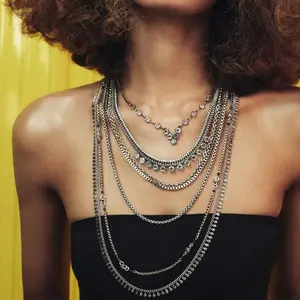 Multi-Layer Silver Rhinestone Chain Necklace for Women - Stacked Chunky V-Shaped Crystal Choker, Gothic Grunge Statement Jewelry for Party & Daily Wear