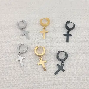 FWJ - STAINLESS STEEL JEWELRY-HUGGIES WITH CROSS