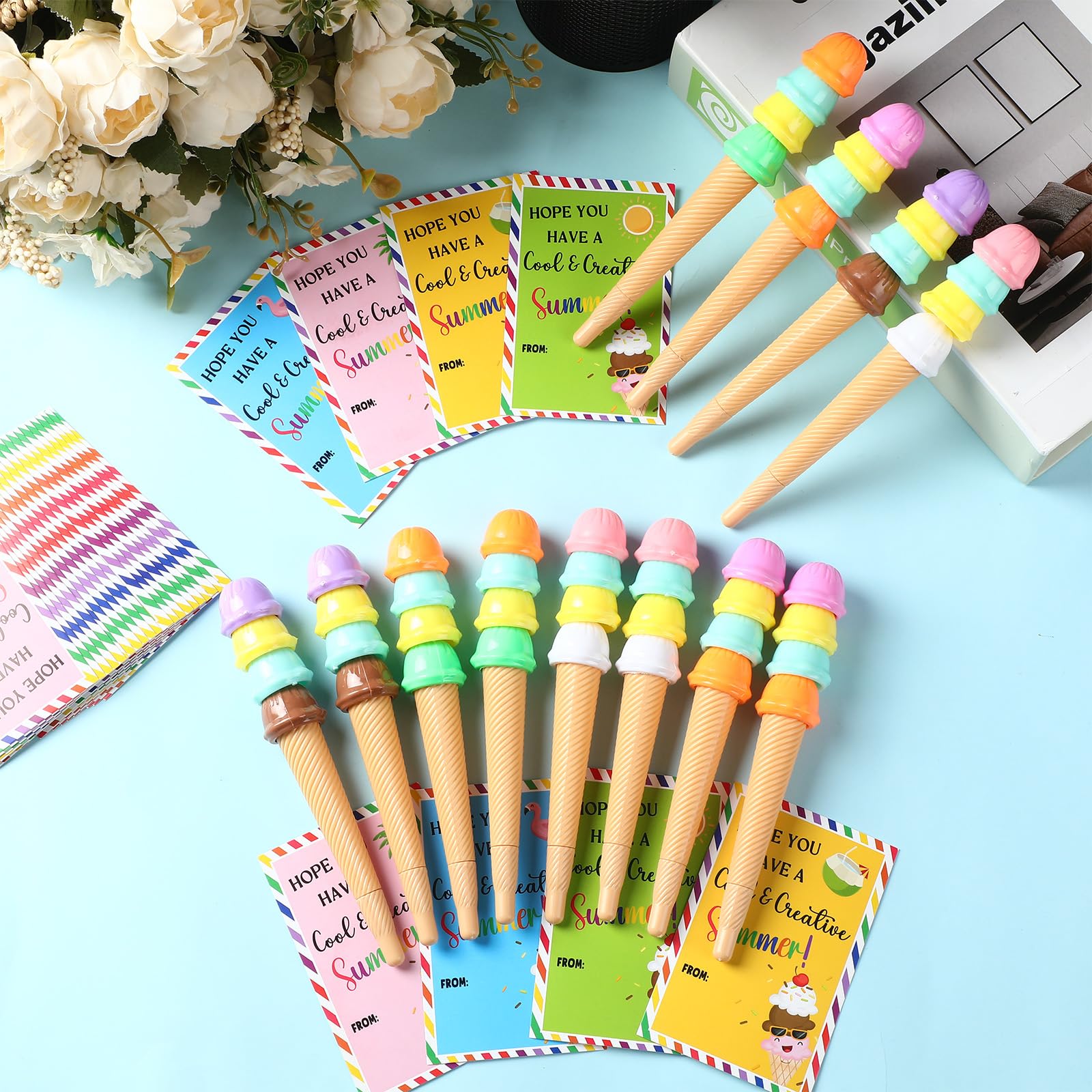 End of Year Gifts for Students Bulk Summer School Party Favors Ice Cream Pens Cards Plastic Cups with Lids for Elementary Preschool Girls and Boys Graduation Classroom Exchange Prizes Party Favors Goodie Bag Fillers Exchange Gifts Rewards