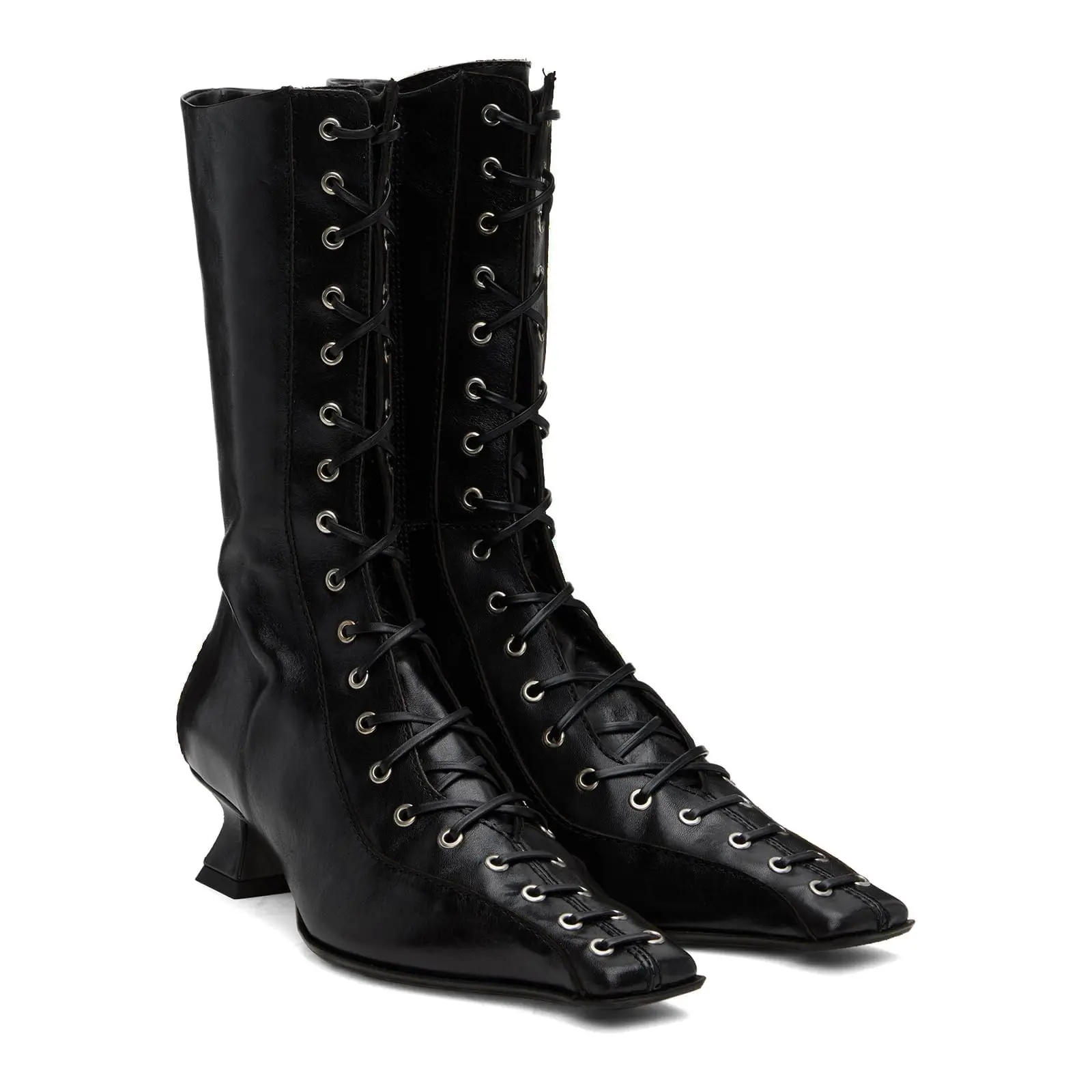 Women's Soft Vintage Mid-Calf Fashion Heeled Witch Booties, 70s Retro Faux Leather Footwear with Kitten Heel, Square Toe, Zipper, Lace, Wide Calf - Fall Western Granny Shoes for Outdoor Use Black, Fashion Booties, Heeled Booties