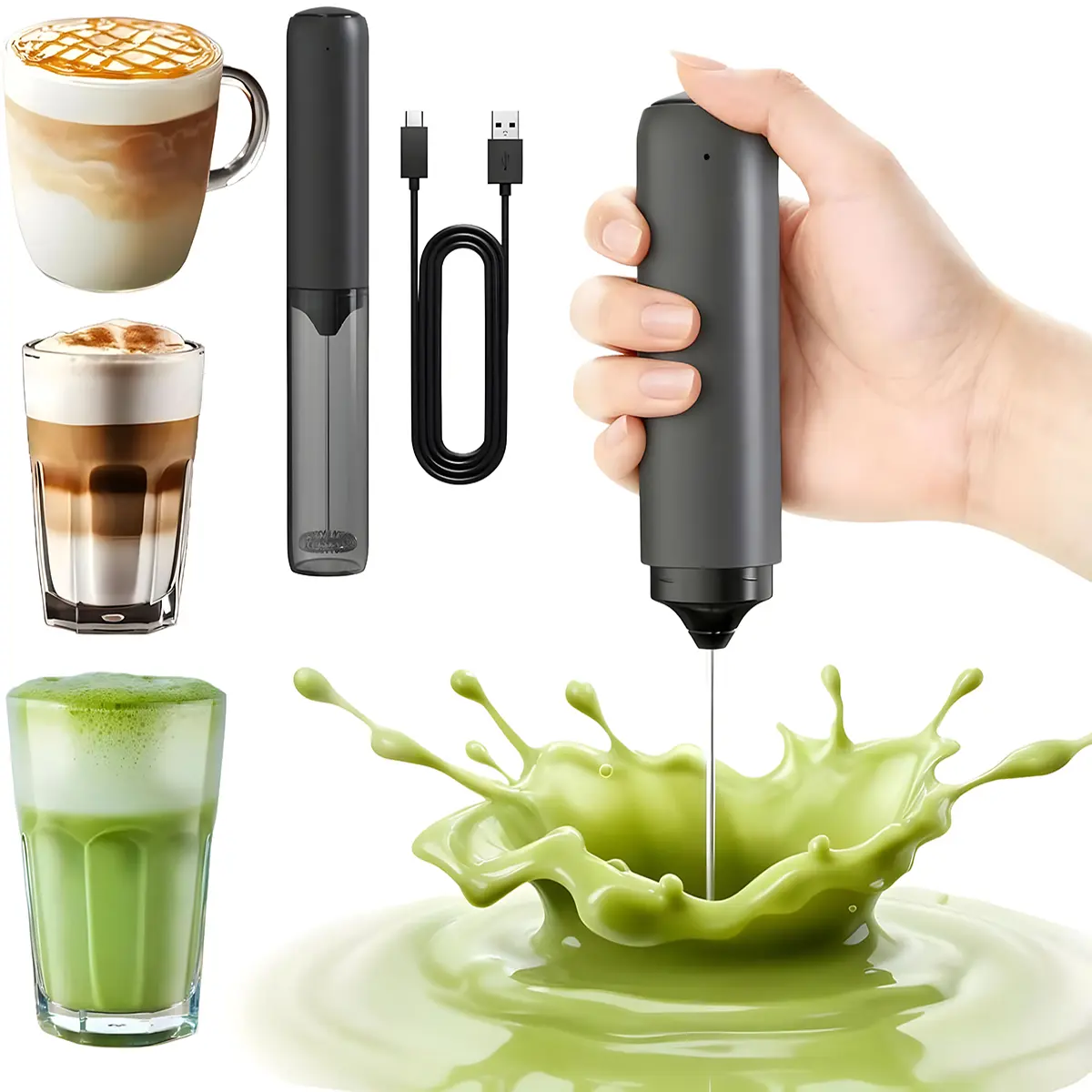 Rechargeable Milk Frother Hanheld, Dual Coil Whisk Head Electric Coffee Frother, Portable Hand Frother Wand Drink Mixer for Matcha/Lattes/Cappuccino/Egg, Kitchen Gifts