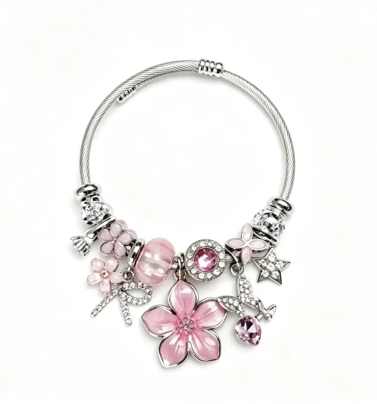 Tone Silver Twisted Open Bangle Pink Blue Black Purple Sakura Flower Crystal Rhinestone Charm Bracelet Women Sweet Girly Jewelry Gift