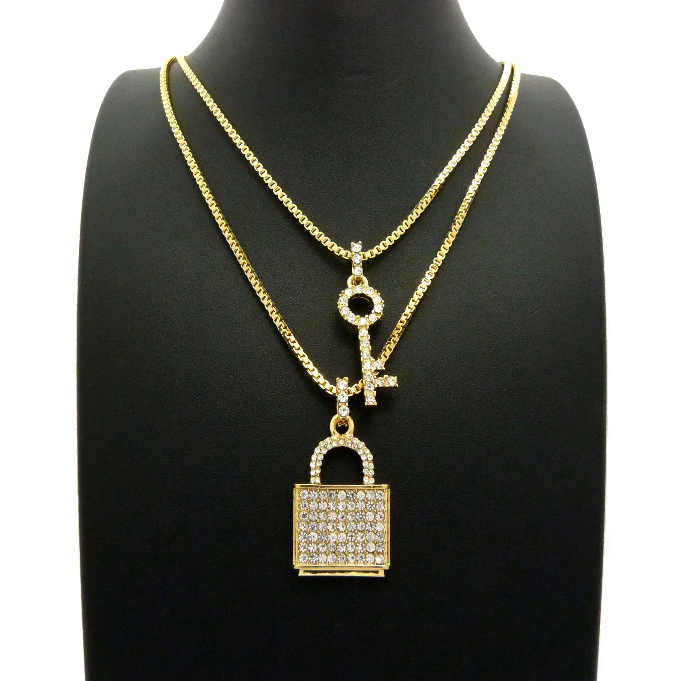 MaxBling81 Unisex Hip Hop Iced CZ Key & Padlock Pendant Necklace Stack, 2mm 20"-24" Gold Plated Box Chain Link Necklaces, Costume Fashion Accessory, Padlock Pendant Necklaces