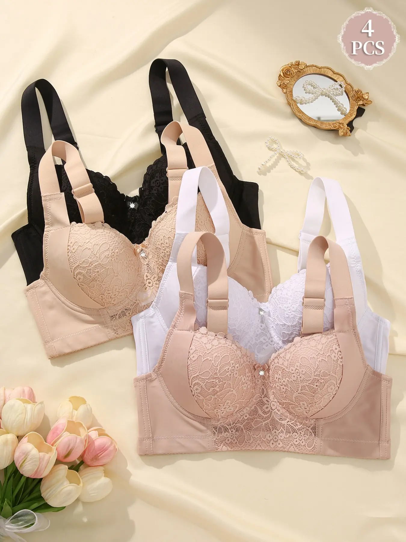 4PCS Women's Lace Push-Up Elegant Chic Bras, Contrast Lace Bra Cover Side Breasts Underwire Support Anti‑sagging, Wide Straps Adjustable Bra Slim-Fit  Breathable and Comfortable for Daily Wear