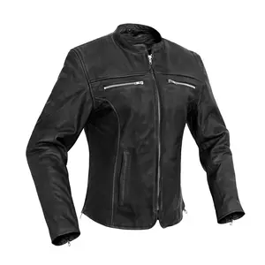 DANIEL SMART Storm Lady's Leather Motorcycle Coat - Fitted Long Sleeve Tops, All Seasons Soft Milled Cowhide, Mandarin Collar, Zipper Pockets, Armor Compartments, Mesh Accents, Womenswear Style