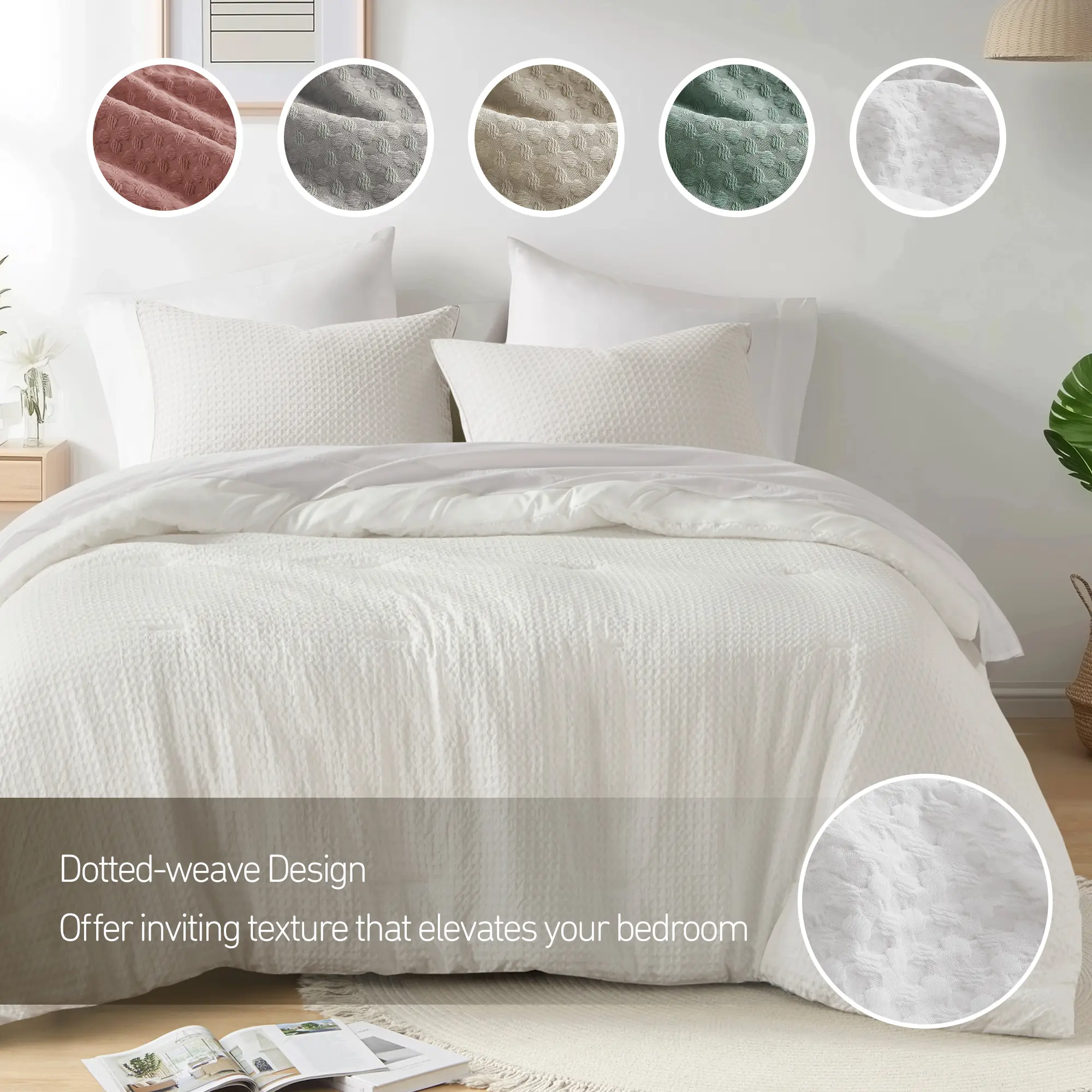 3-Piece Modern Farmhouse Boho Comfy Solid Decorative Bedding Set - Breathable Dotted Weave Polyester Comforter, All Seasons Household Use, Room & House Decor Essential