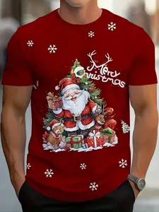 Men's Casual Christmas Santa Graphic Tee, Breathable Polyester Blend Fabric, Machine Wash Round Neck, Perfect for Summer & Outdoor Activities