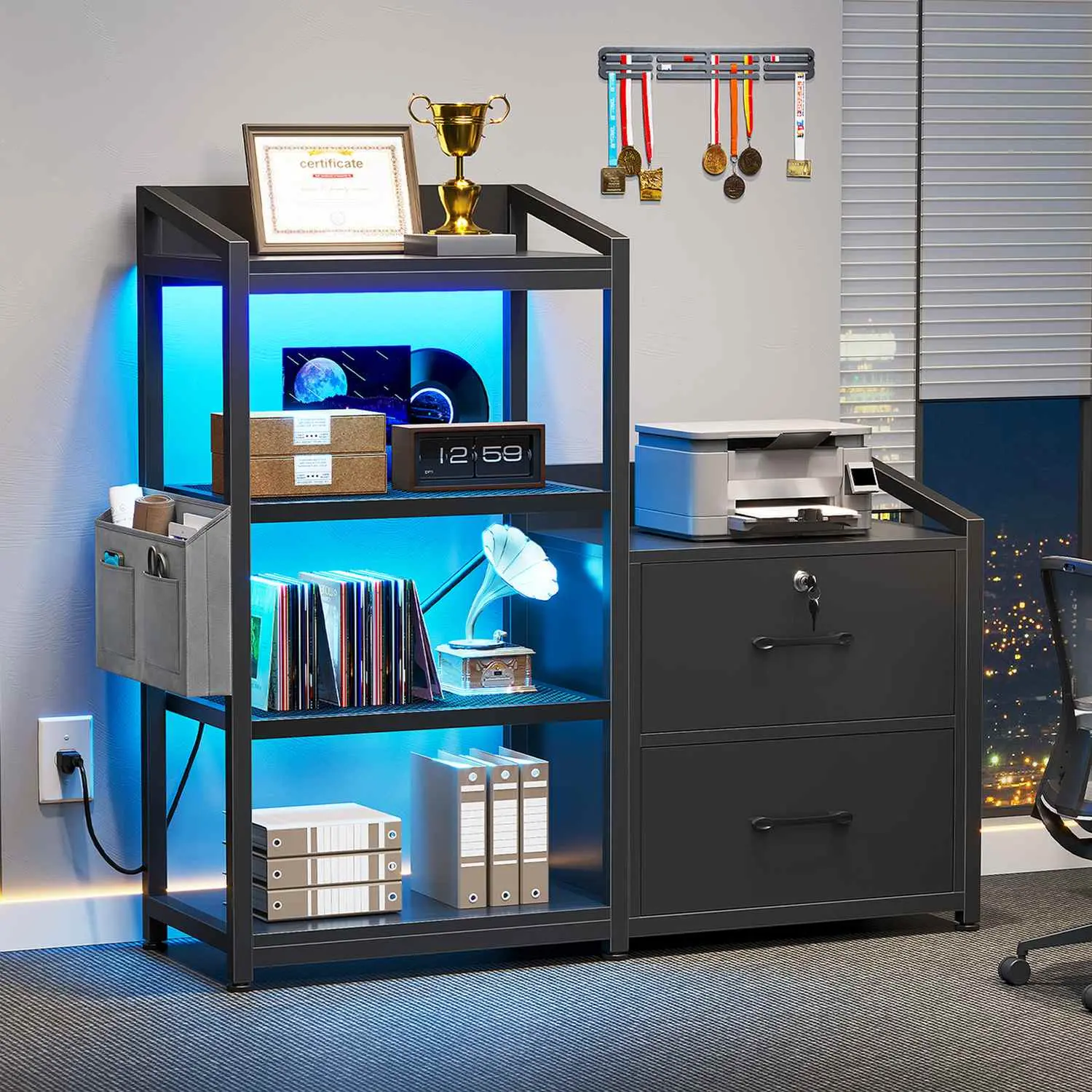 Sedeta 35.4-in Modern Wood-Metal Drawer Cabinet - Office Furniture with Bookshelf, Drawers, Letter/A4 File Storage, Power Cord, LED Lights, Lock, Open Shelves for Home Office Use, Bookshelf With Drawers