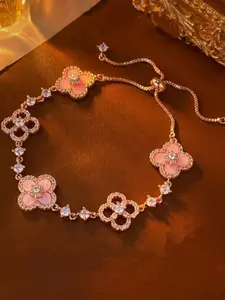 Rose Gold-Plated 4-Leaf Clover Bracelet - Dainty Adjustable Slider Bracelet with Pink Shell, Zircon - Luxury Costume Jewelry Gift for Women