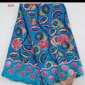 African Ankara Wax Embroidery Lace Fabric 5Yards Colorful Floral Design Blue Pink Green Patterned Fabric