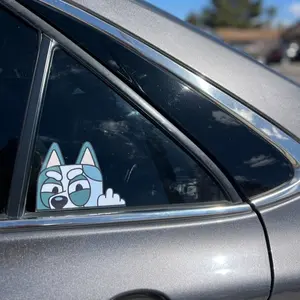 Mad Grey Dog Car Window Decal Sticker, Muffin Blue Sticker