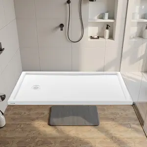 VEVOR 60x32 in Acrylic & PVC Single Threshold Rectangle Shower Pan Basin, White Slip-Proof Bath Base with Textured Grip, Left Drain, Drain Cover for Bathroom