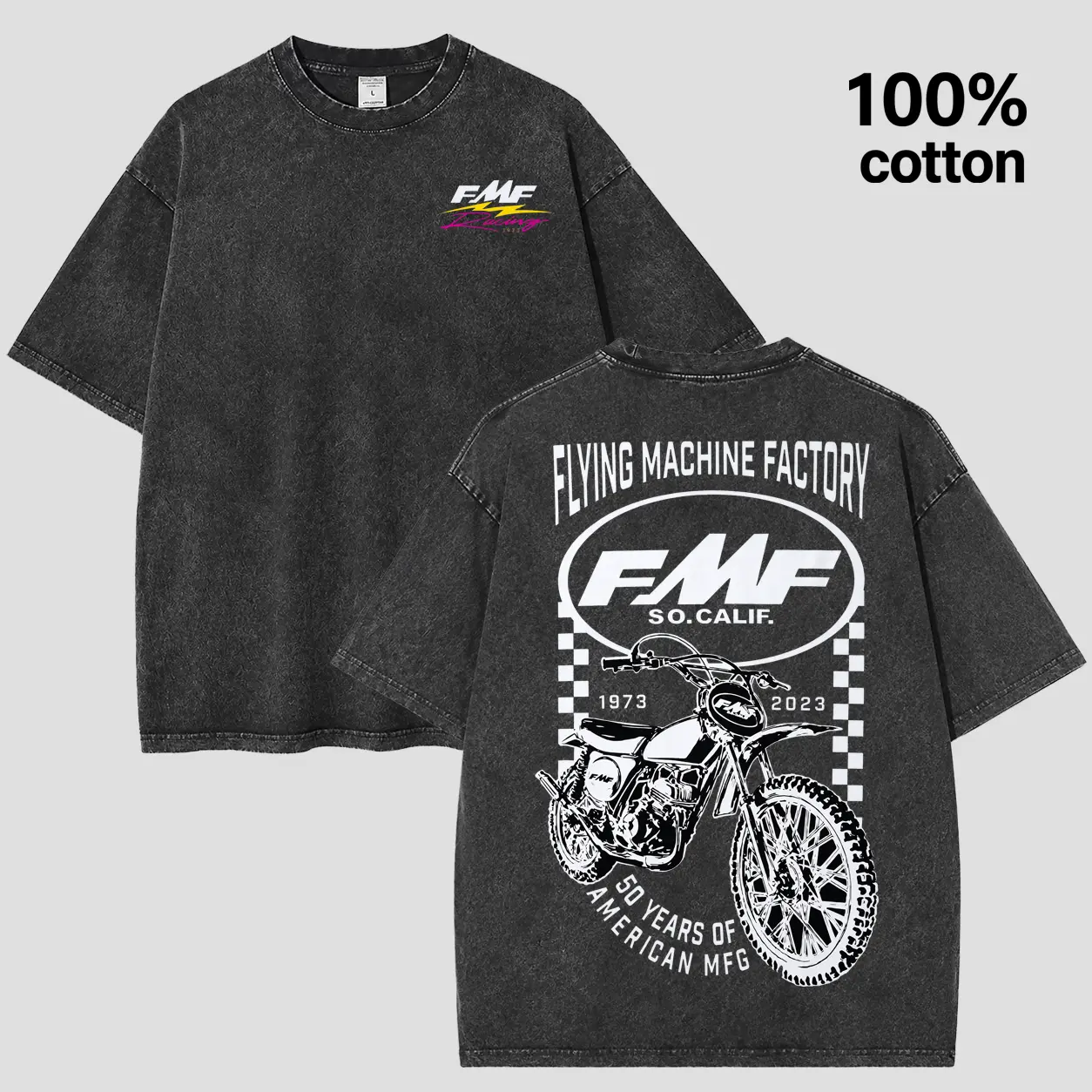 Men's FMF Flying Machine Factory 50th Anniversary Black-Acid Wash Oversized Cotton Streetwear T-Shirt - Vintage Retro Dirt Bike Graphic, Motocross, Short-Sleeve, Breathable Tops, Checkered Accents, Menswear, Boxy Drop, Graphic Tee, Heavily Washed Charcoal