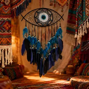 Bohemian Style Dream Catcher with Faux Feathers, Evil Eye Wall Hanging Decor, Interior Wall Decor, Unique Home Decoration for Rooms and Living Spaces, Hanging Wall Art