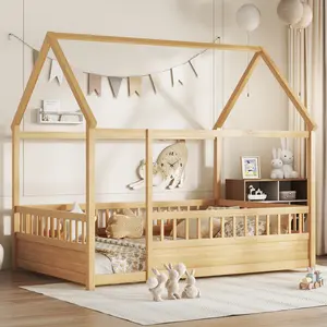 Full Size Floor Wood Bed with Fence House Bed Natural Finish Toddler Safety Bed Low Profile Design