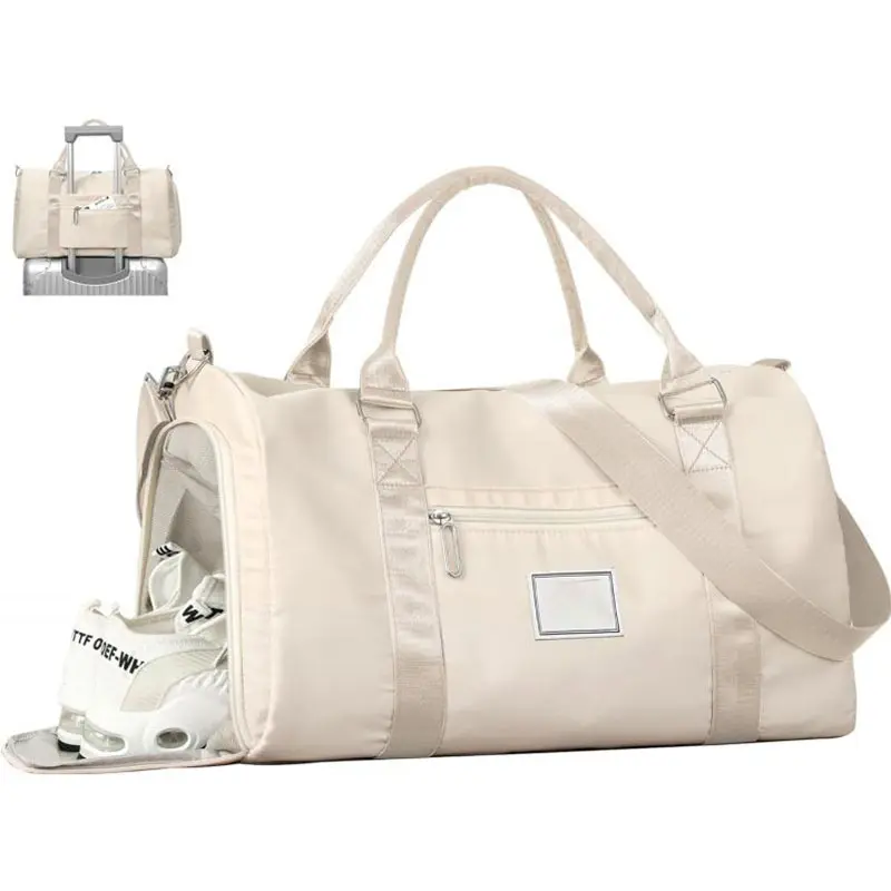 Women's High-Density Gym Bag - Workout Tote with Wet Pocket, Shoe Compartment, Multiple Pockets, Carry-On Overnight Weekender for Travel, Swimming, Beige, Shoe Comp.