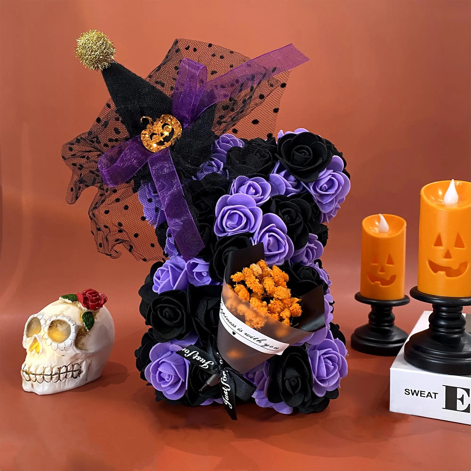 1pc DIY Halloween Themed Handmade Faux Eternal Rose Hugging Bear, Bat, Spider, Bouquet Decoration DIY Artificial Flower Bear, Decorative Fake Flowers, Romantic Gift for Halloween, Valentine's Day, Wedding & Home Decor