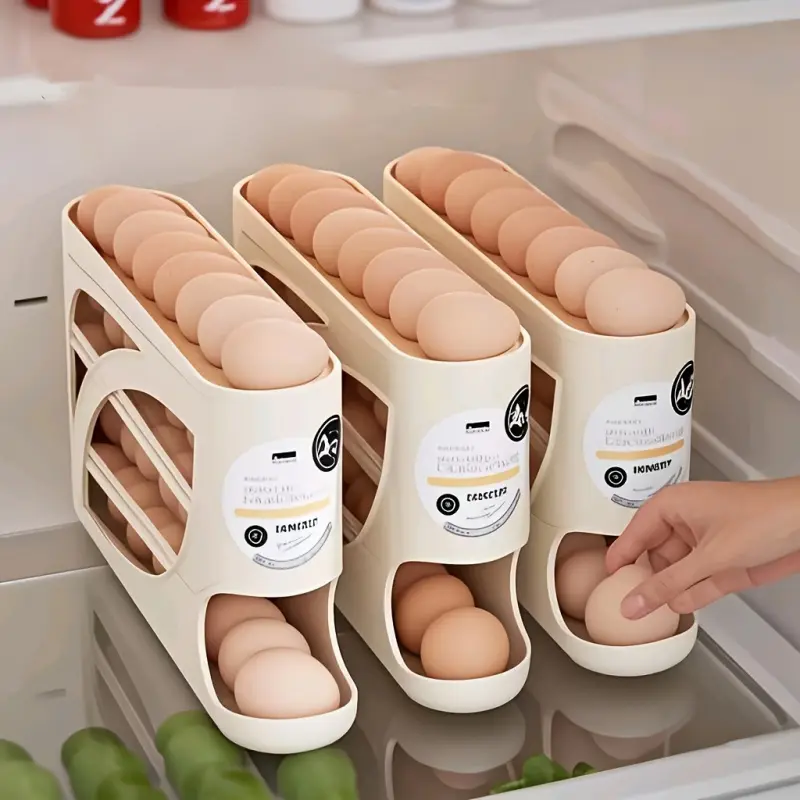 4-Tier Rolling Egg Holder - Space-Saving Side Door Design, Holds 30 Eggs, Smooth Glossy Finish, Convenient Handle | Suitable for Kitchen and Fridge Storage | Modern Kitchen Accessory | Refrigerator Organizer | Durable Plastic Material