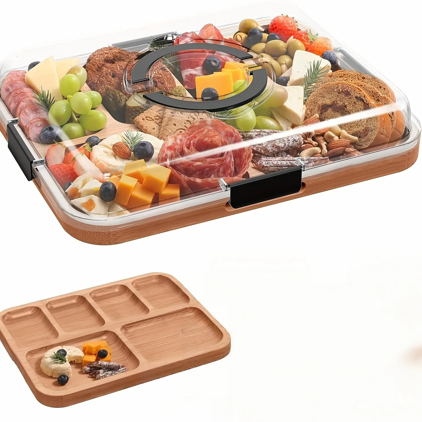 2-in-1 Charcuterie Board with Lid And Handle, Portable Serveware for Picnics, Gatherings& Cafes, Compartmentalized Design for Cheeses, Meats& Snacks, Outdoor Picnic Accessory, Perfect Gift, Stylish Food Presentation Plate, Party Serving Tray