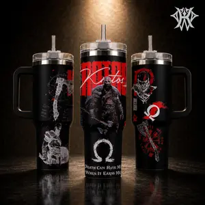 God of War Kratos Tumbler 20oz 40oz with Handle Travel Mug Stainless Steel Insulated Gamer Gift Leviathan Axe Omega Ghost of Sparta Death Can Have Me When It Earns Me Quote Water Bottle Straw Cup