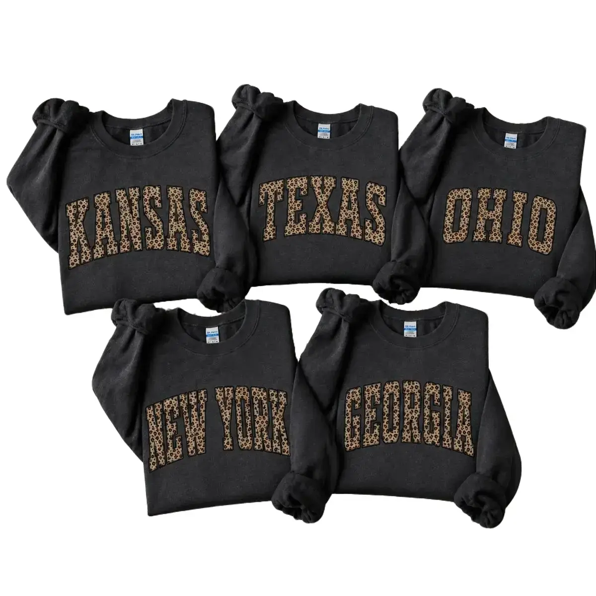 Custom 50 State Leopard Print Sweatshirt, Custom Kansas Texas Ohio Georgia New York Crewneck, Vintage College Letter Sweatshirt, Family Matching Gift, Unisex Pullover, Birthday Gift - TrendWear USA