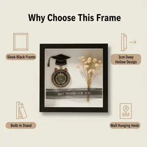 6×6 Black shadow box,Hollow Photo Frame, 16.8x16.8cm, 3cm Thick, Wooden, Display Dried Flowers/Badges/Stamps