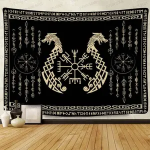 Nordic Vikings Tapestry, Large Soft Lightweight Vegvsir Symbol Twins Dragons Celtic Rune Scandinavian Aesthetic Mythology Tapestry Wall Hanging for Bedroom Living Room Decor