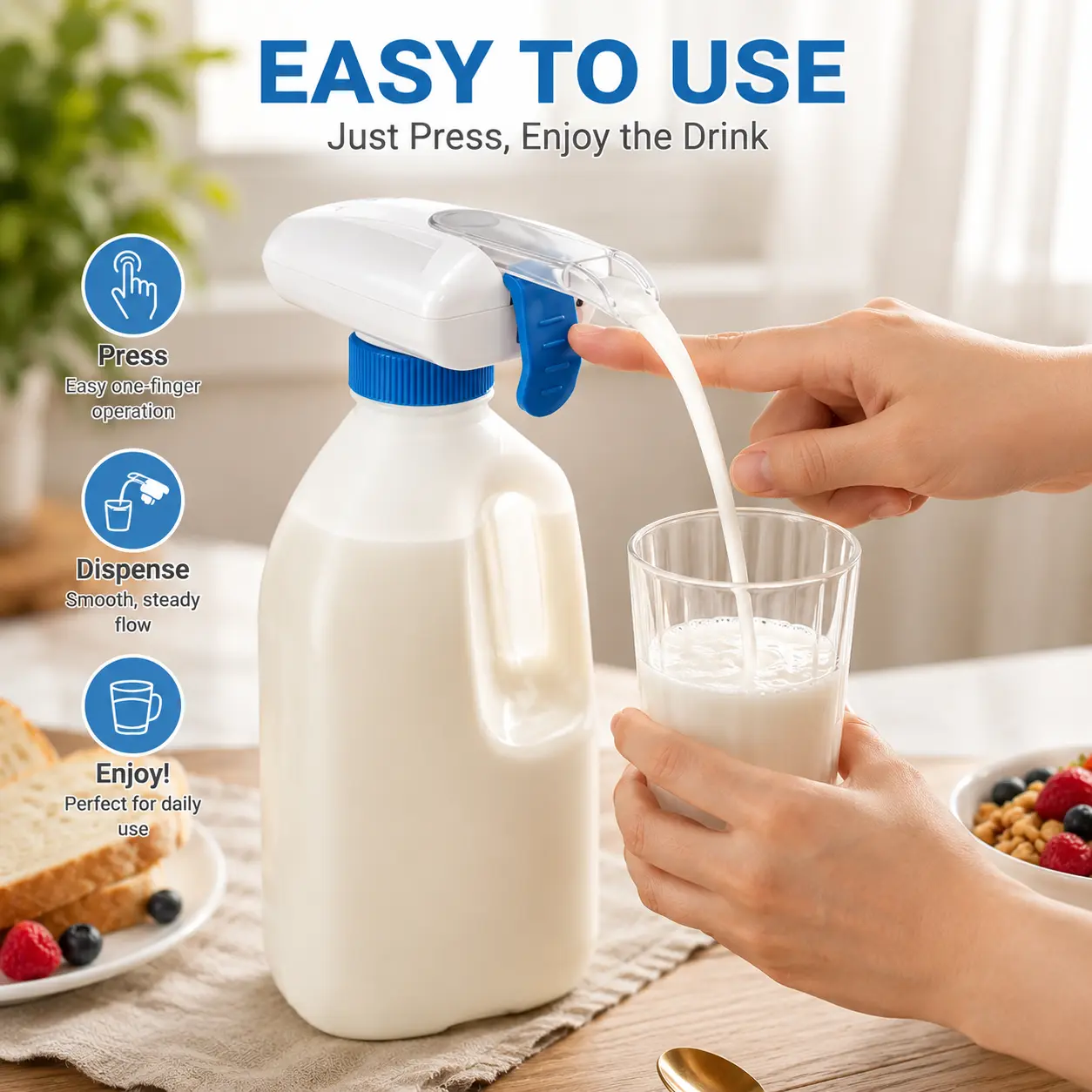 Automatic Milk Dispenser for Gal Bottles, 1-Press Hands-Free No-Spill Electric Pump for Juice Water, Smooth-Flow Kitchen Gadget for Seniors, Summer Deals DFYD Restock (Ideal for Backyard Parties Morning Breakfast)