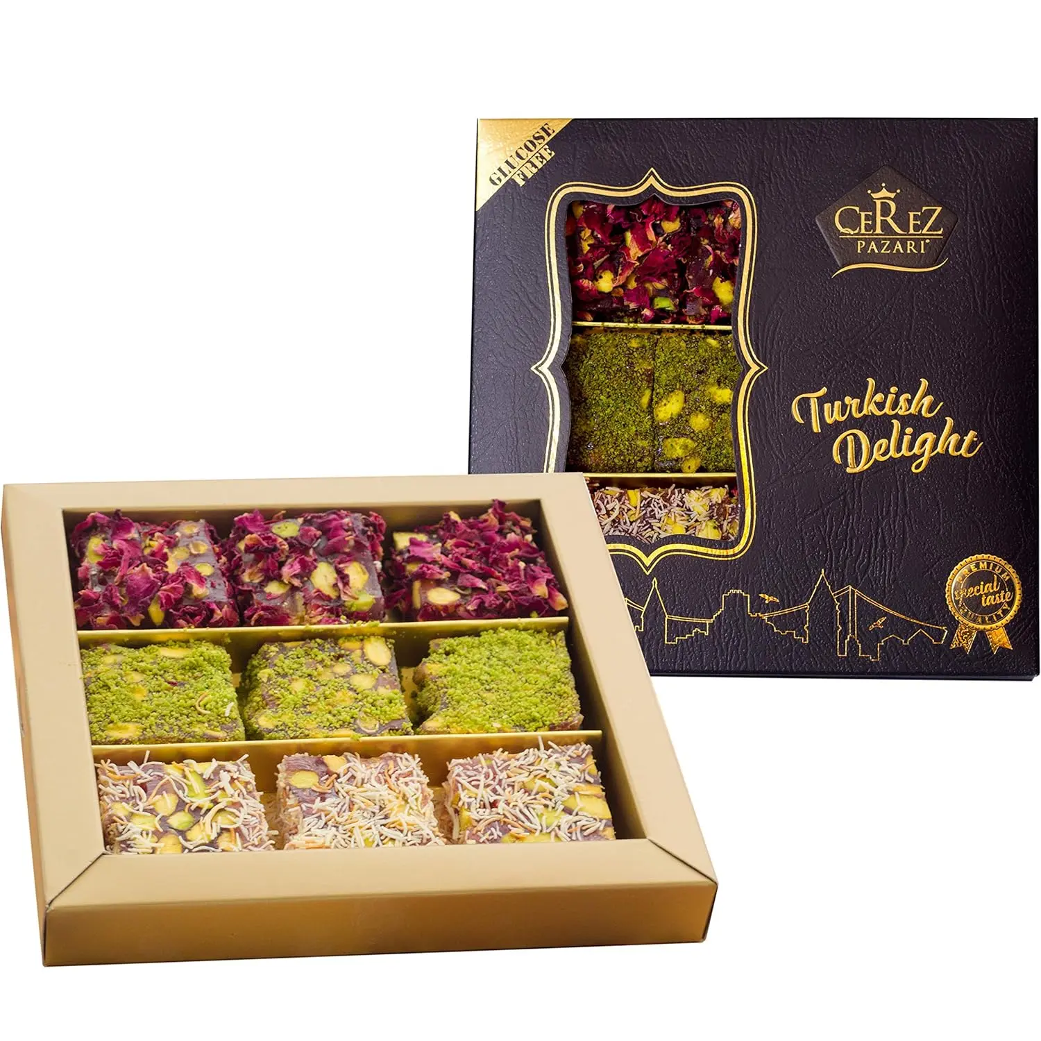 Gourmet Natural Turkish Delight Pistachio Lokum (Loukoumi) - Rose & Pomegranate Mix, 8.8 oz Luxury Gift Box, Vegan Traditional Soft Candy with Pistachio Nuts, 9-11 Pcs, Ideal for Christmas, Corporate Functions, All Ages