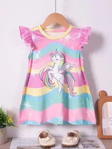 Toddler Girl's Cartoon Unicorn Print Ruffle Trim Tee Dress, Cute Casual Short Sleeve Round Neck Dress for Summer, Kids Clothes for Daily Wear