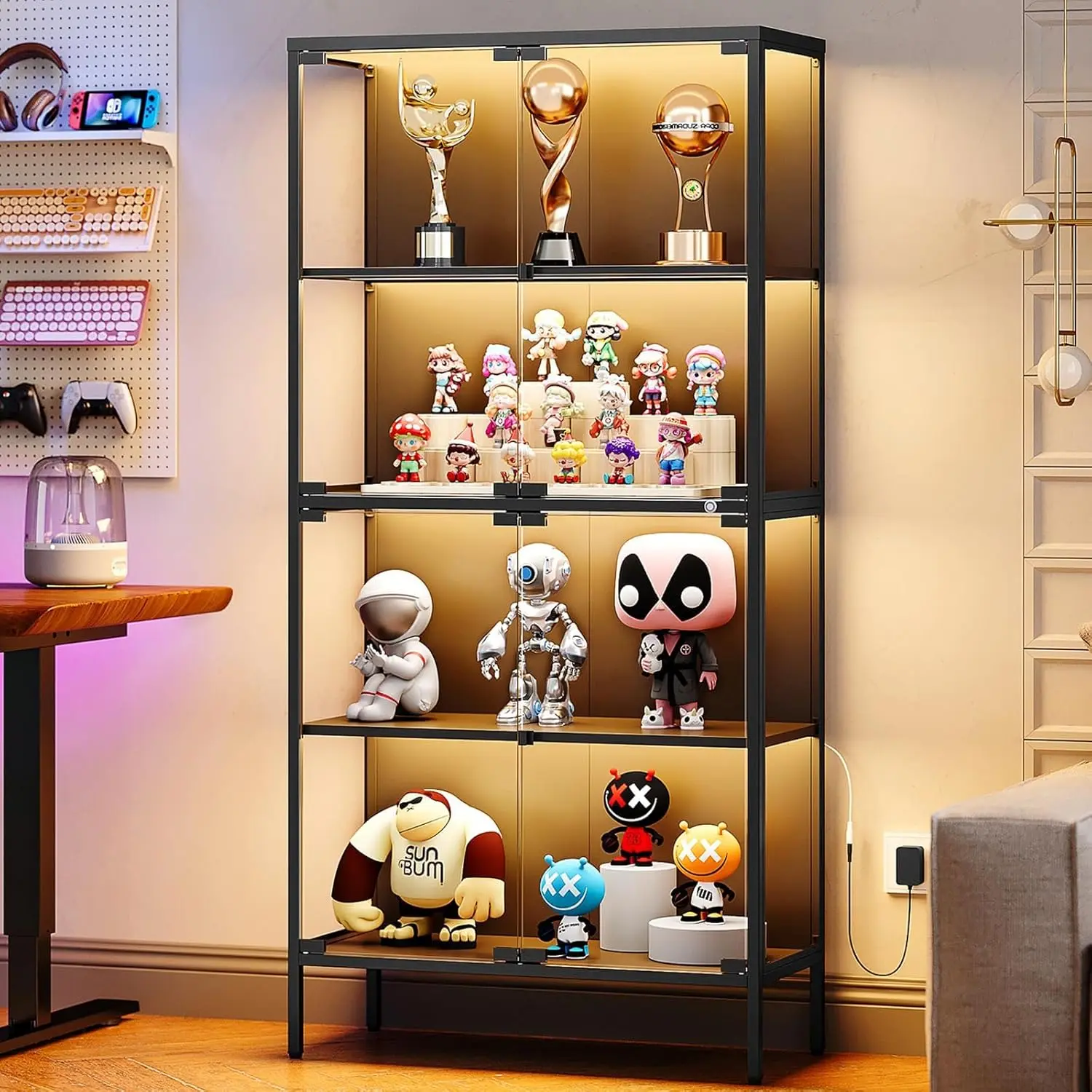 Letaya 65" Glass Display Cabinet with 3-Color LED Light, Display Case with 4 Tempered Glass Doors and Shelves, Metal Frame Curio Storage Cabinet for Collectibles, Figures, Awards, Book, Toy (Black)