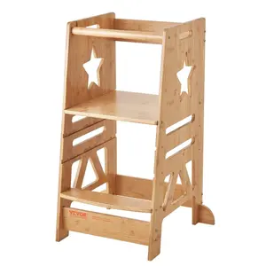 Bamboo 3-Level Height-Adjustable Tower Step Stool for Toddlers, Kids' Standing Learning Stool with Safety Rail, 350LBS Capacity for Kitchen Counter, Bathroom, Three Levels