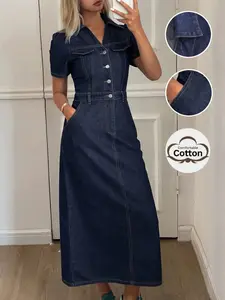 Deep Blue Short Sleeve Denim Dress Womenswear, Button, Casual Comfy Classy, Casual Chic Outfit Everyday Spring and Summer Fashion, Comfortable Jean Dress for Women, Perfect for Daily Wear