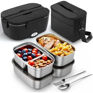 Heated Lunch Box,120W Electric Lunch Box for Adults with 1.5L 304 Stainless Steel Container, 12V/24V/110V Lonchera Electrica Portatil for Travel,Work,, (Pure Black, 1.5L x 4)