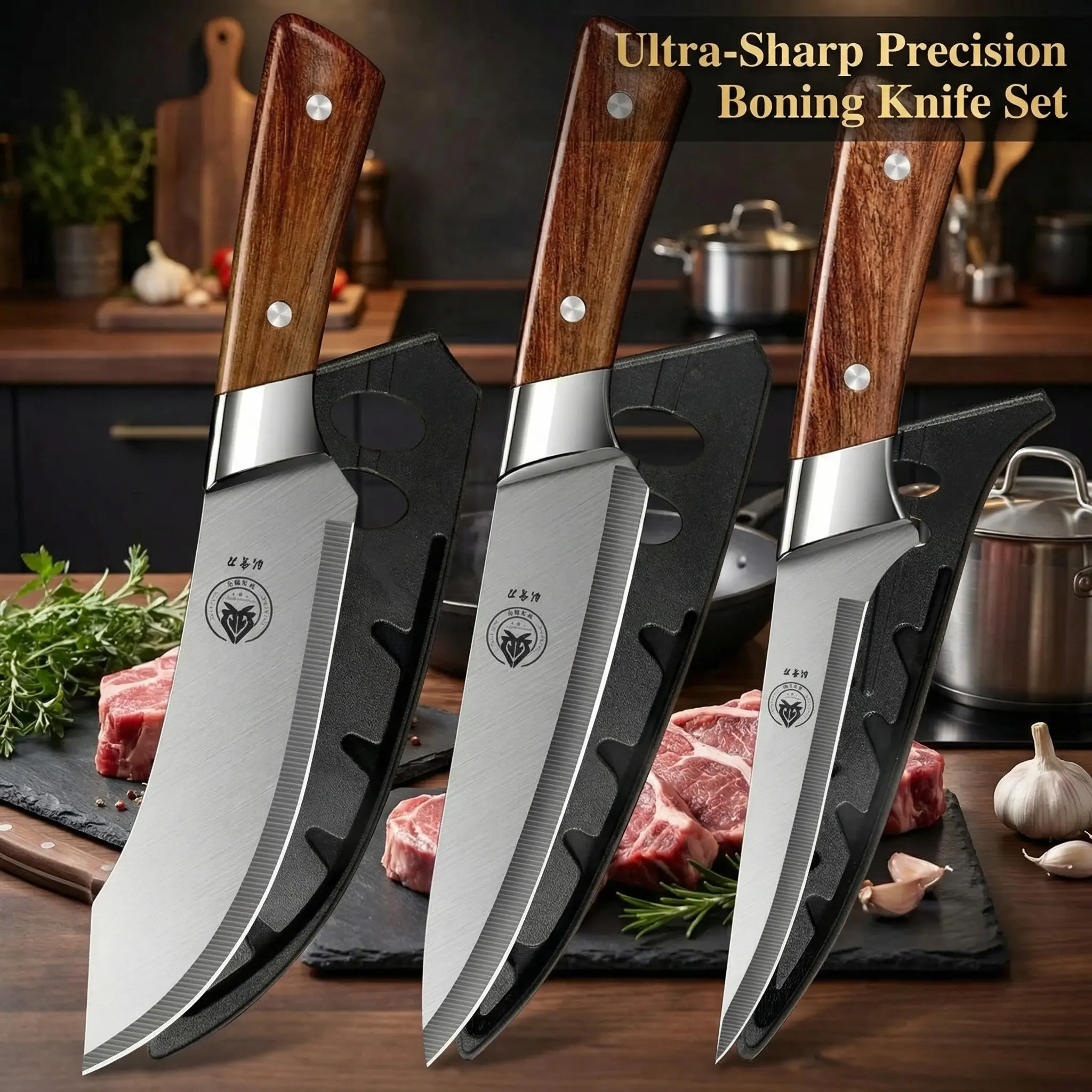 3-Piece Kitchen Cleaver Set, High-End Stainless Steel Blades with Imitation Wood Handle, Professional Chef Knife Set, Heavy-Duty Sharp Knives for Butchering & Slicing, Cooking Knives, Dishwasher Safe Knives, Kitchenware Knives Set