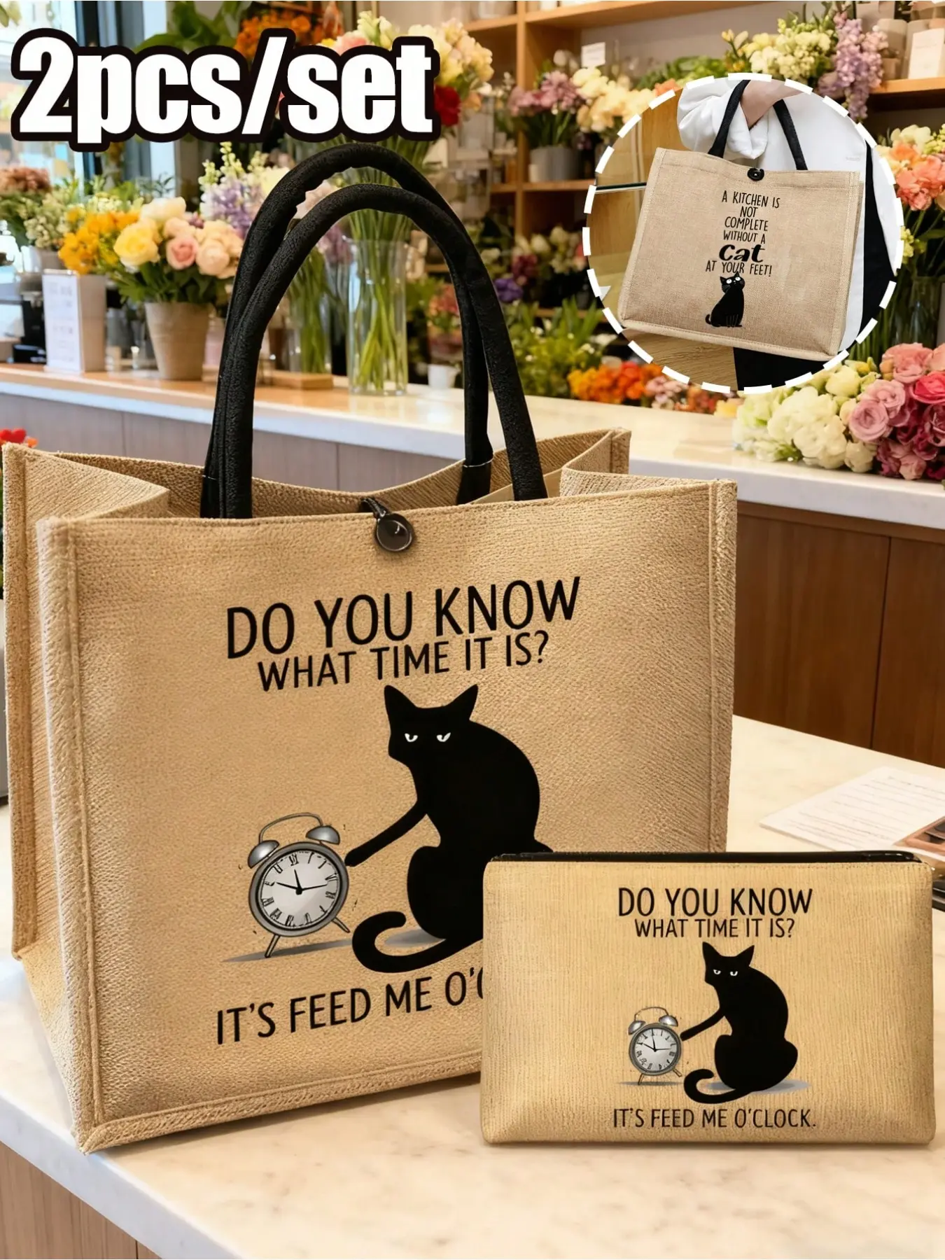 Linen Handbag Set, Includes Cat and Clock Print Shoulder Bag, Storage Pouch, Crossbody, Makeup Bag, Travel Essentials